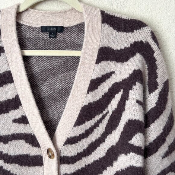 J. Crew Cozy Wool Alpaca Blend Ribbed V-Neck Cardigan Sweater in Zebra Stripe - Picture 3 of 13